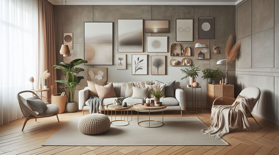 a modern living room in neutral colors but different textures