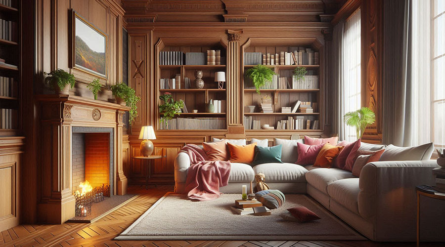 Cozy living room with a fireplace, bookshelves, and a comfortable sofa