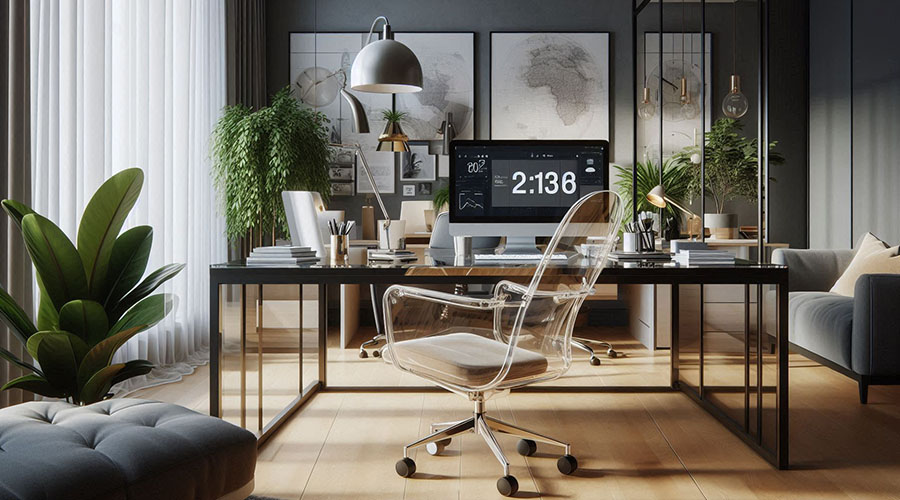 Transparent Lucite office chair with a gold base, paired with a modern desk