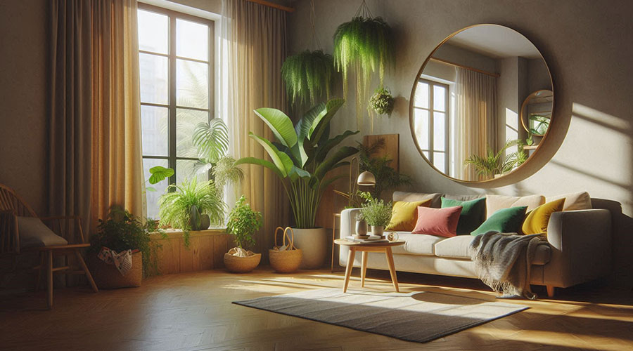 Large round mirror in a cozy living room with plants and natural light