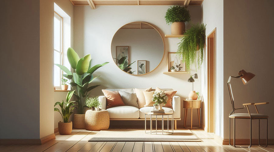 Living room with a large round mirror, sofa, and various plants.