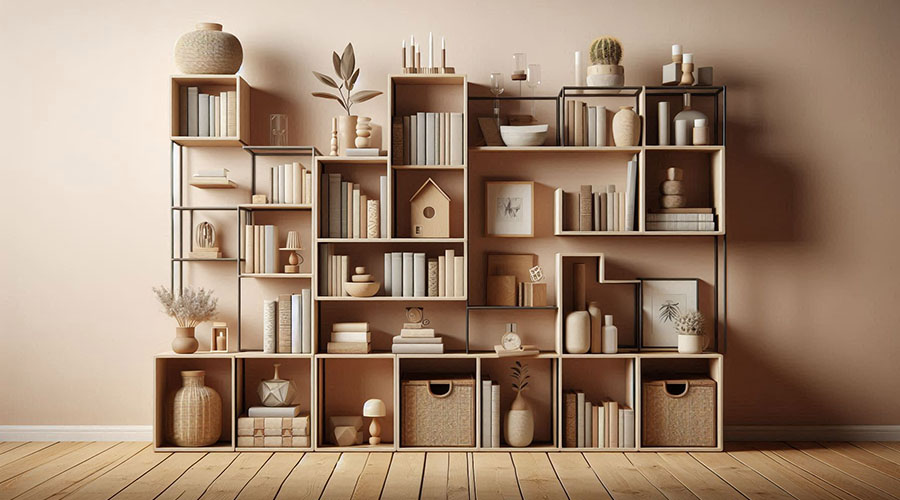 A modular bookshelf with books, potted plants, and decorative objects.