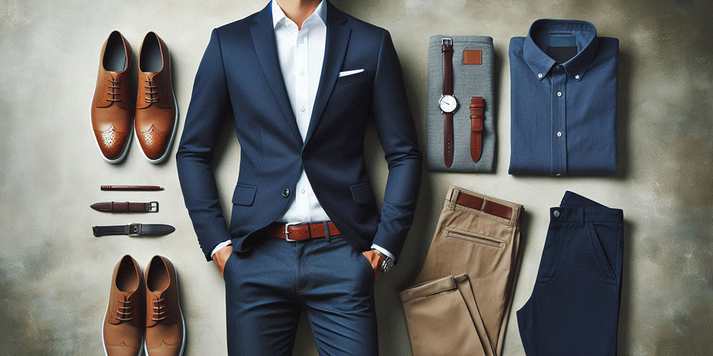 Men's navy suit with brown leather shoes, white shirt, and khaki chinos.