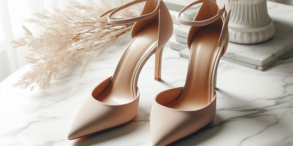 Nude ankle-strap pumps with pointed toes on a marble surface