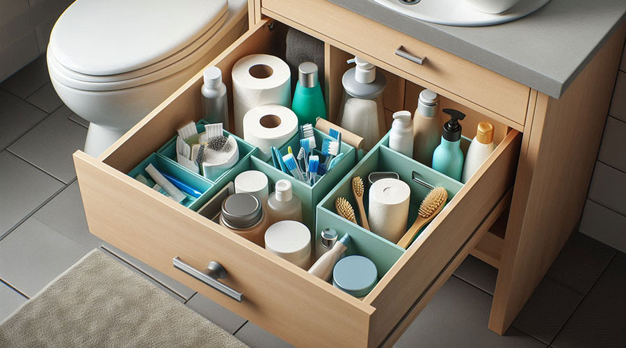 Bathroom vanity drawer with organized toiletries