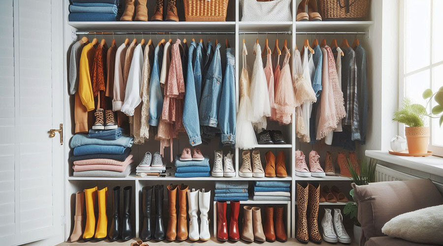 Organized closet with clothing, shoes, and accessories