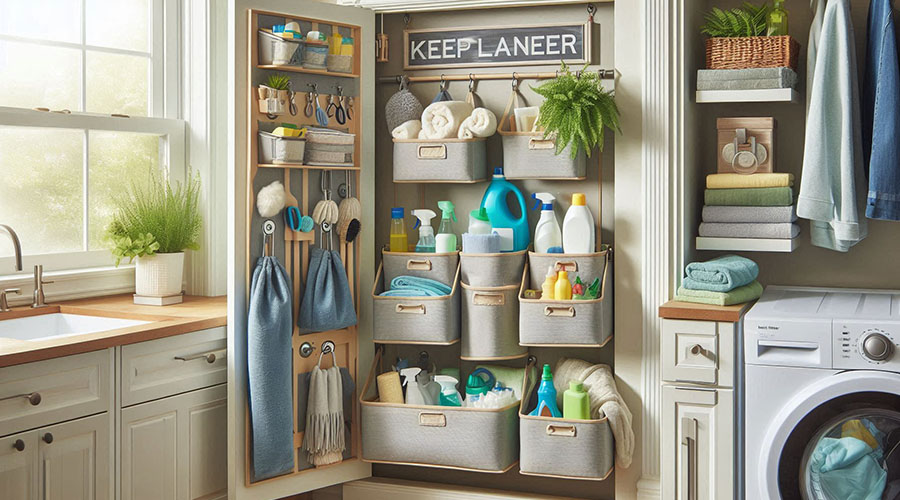 Organized laundry room with shelves, baskets, and cleaning supplies