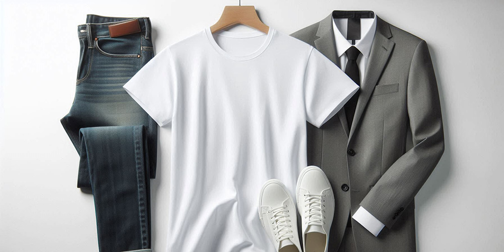 Versatile white t-shirt, denim jeans, formal suit, casual sneakers, and tie for men's fashion.