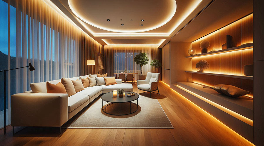 Modern living room with warm LED lighting and a white sectional sofa