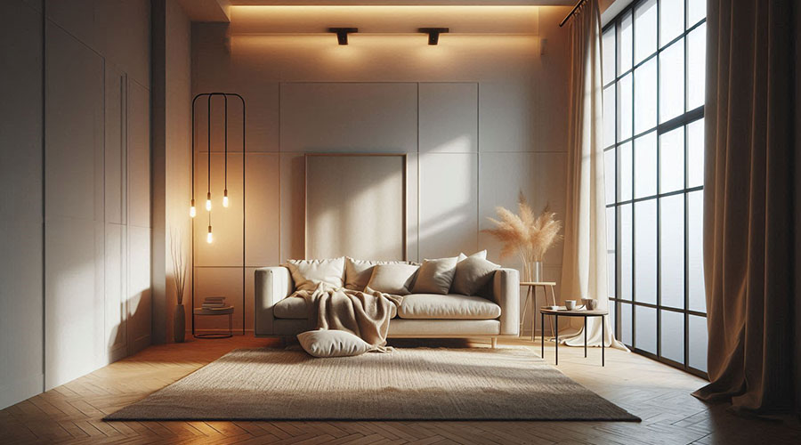 Spotlights illuminating contemporary living room with cozy sofa, side table, and natural light.