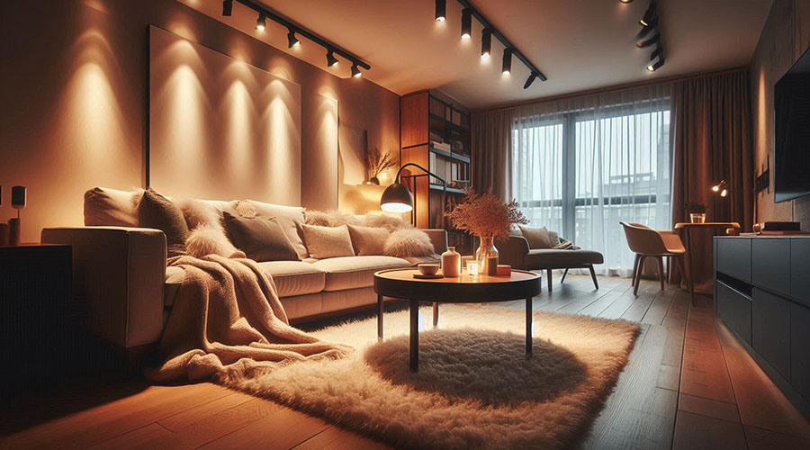 Track lamps illuminating a warm and inviting living room with a plush sofa, coffee table, and fuzzy rug.