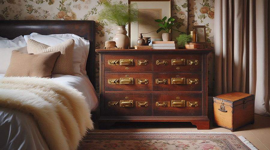 Weathered wooden campaign dresser with brass hardware, found at a thrift store