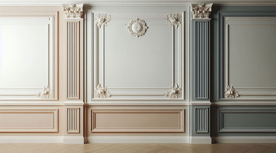 Ornate wall panels with decorative moldings in various colors