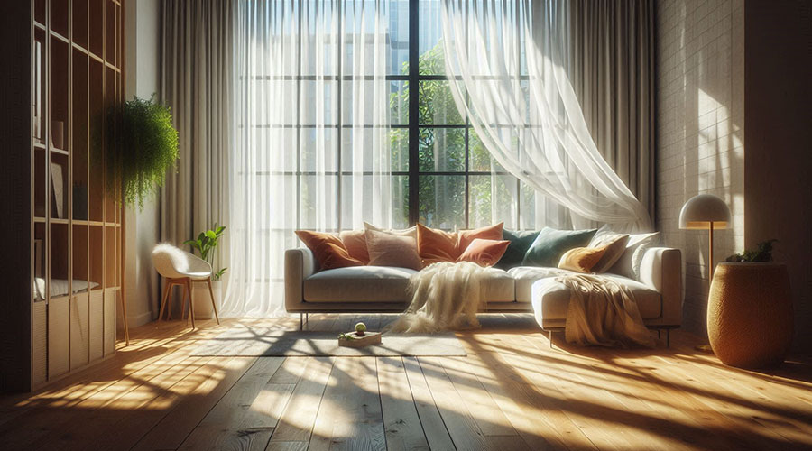 Bright living room with large windows and sheer curtains.