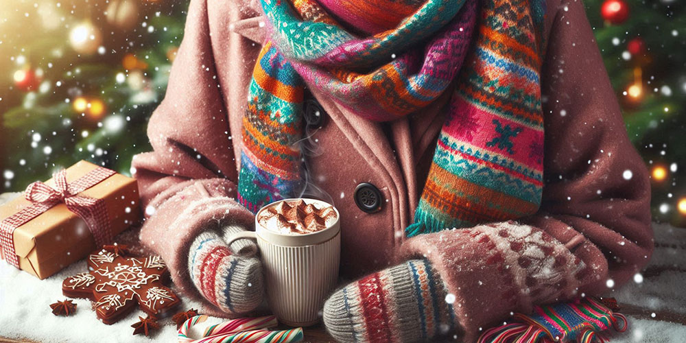 Woman enjoying a warm drink and Christmas treats in front of a decorated Christmas tree.