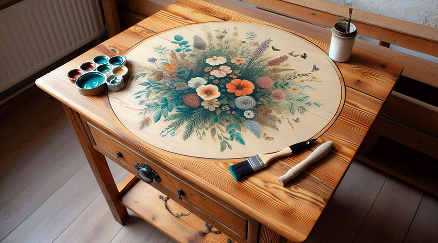 Rustic side table featuring a colorful, nature-inspired design