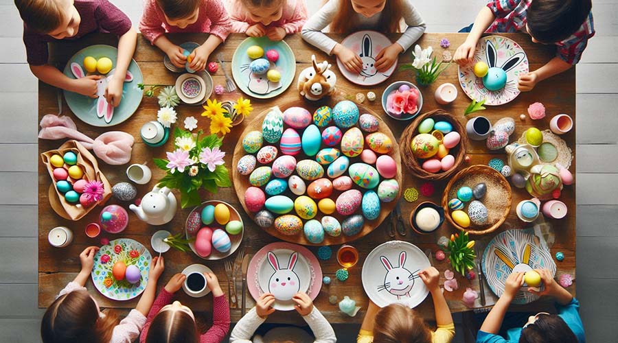 children sitting around a table decorating Easter eggs