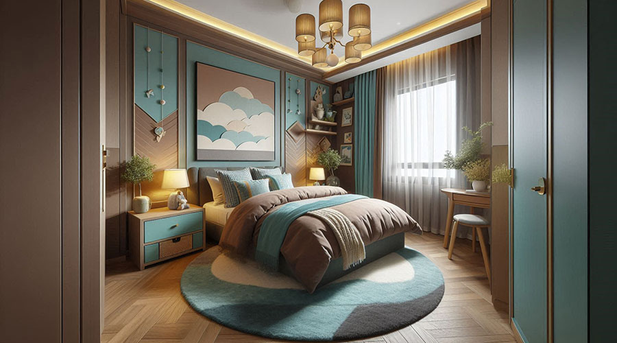 a king size bed in brown and aqua colors