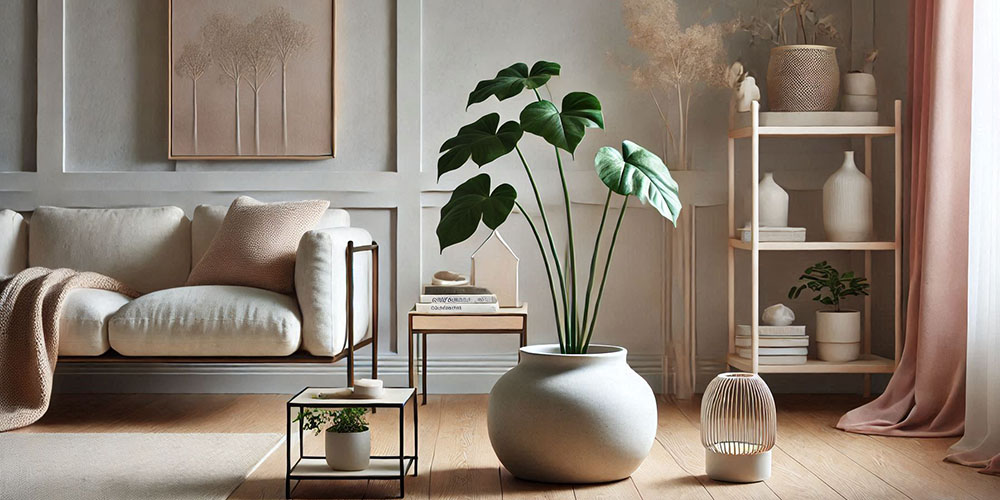 Living room interior with a large potted plant, white sofa, and side tables.