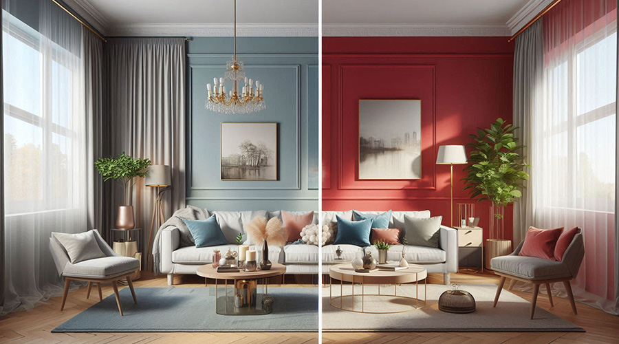 a living room in two different color palette