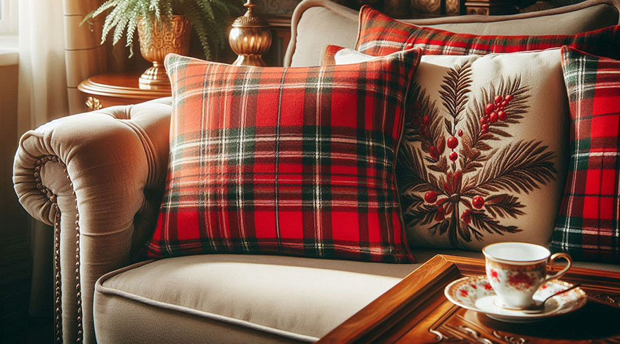 Red tartan plaid couch cushion with holiday-themed embroidery