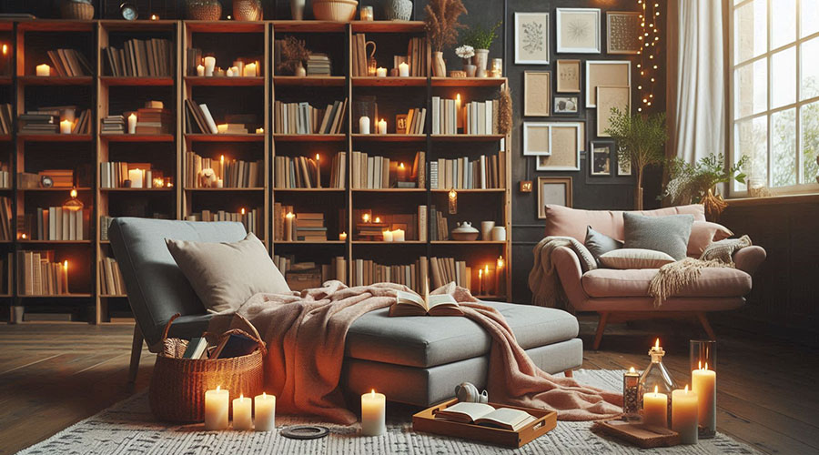 Cozy living room with bookshelves, candles, and a comfy chaise lounge.