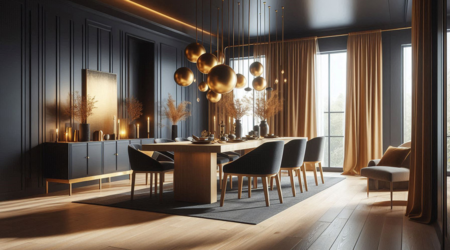 a dining room in a dark color palette and gold as a bold color