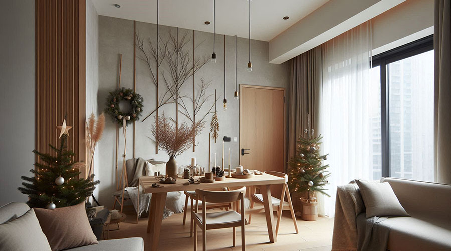 a dining room decorated with branches and pine sprigs