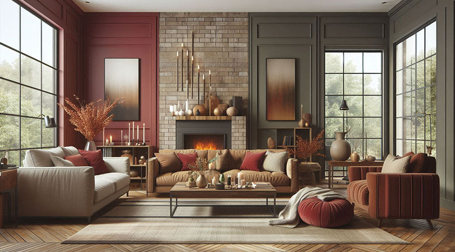 a living room in ruby and khaki colors with large windows