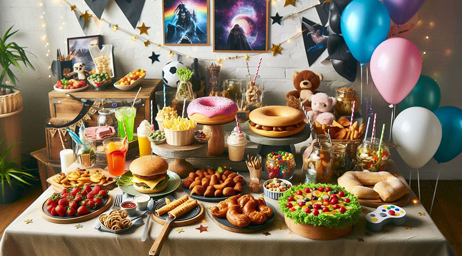 a table organized for a party with food and beverages on it