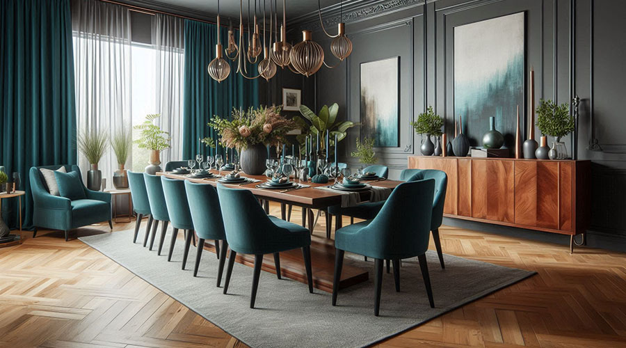 a dining room with gray walls and blue furniture 