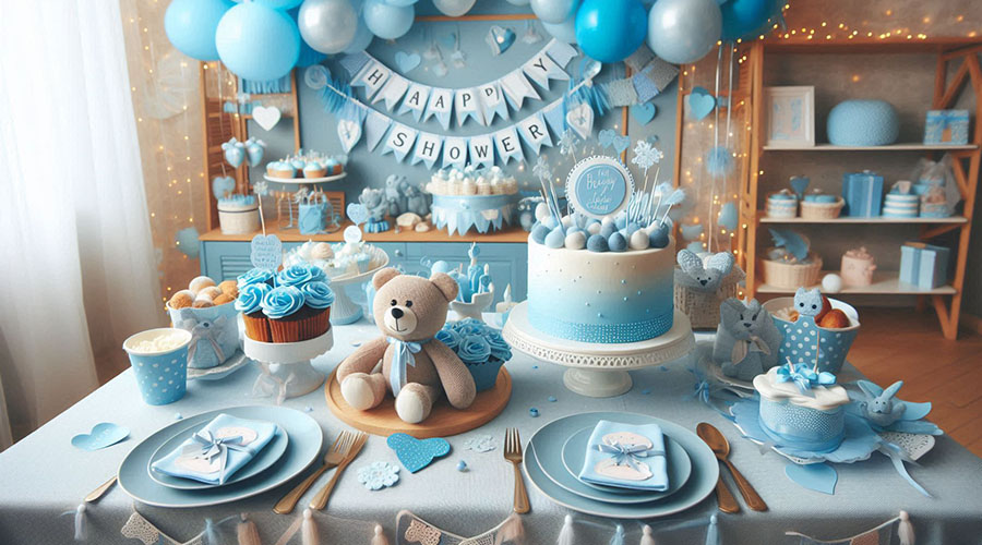 a baby shower table with blue theme