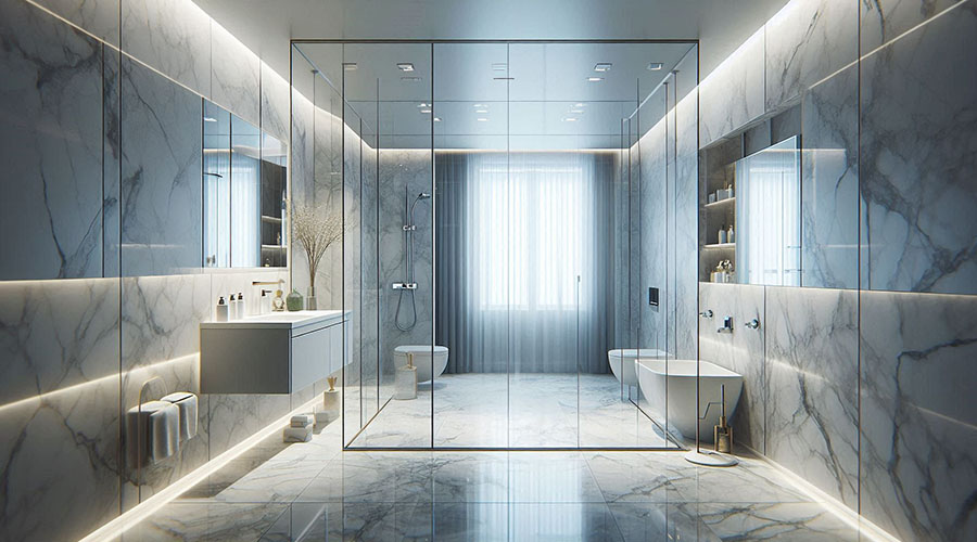 Modern bathroom with white marble walls and a glass-enclosed shower