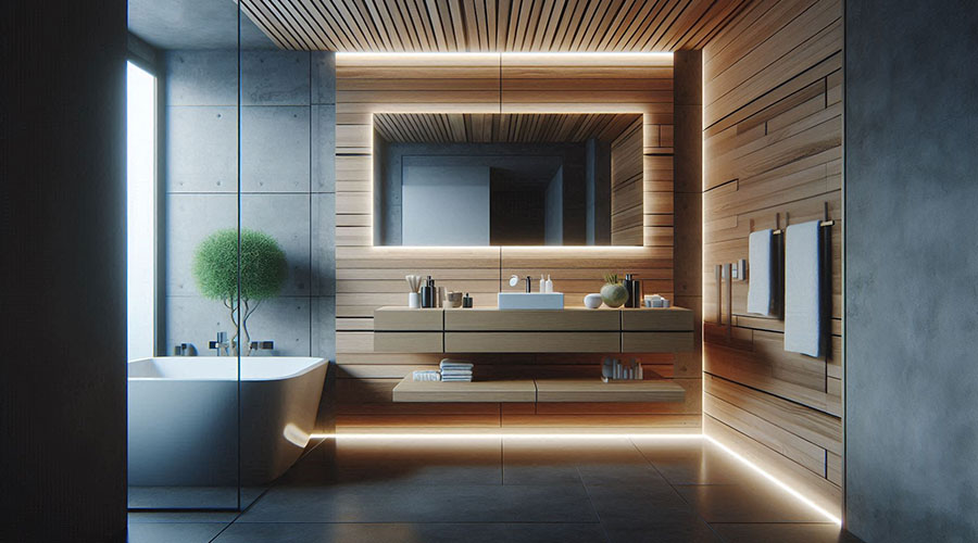 bathroom featuring a floating vanity with LED lighting and wood paneling