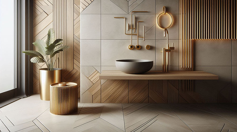 Modern bathroom with wood and concrete tiles, featuring a freestanding sink and gold accents