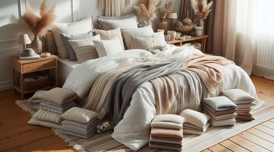 Inviting bedroom with soft and luxurious bedding in various textures