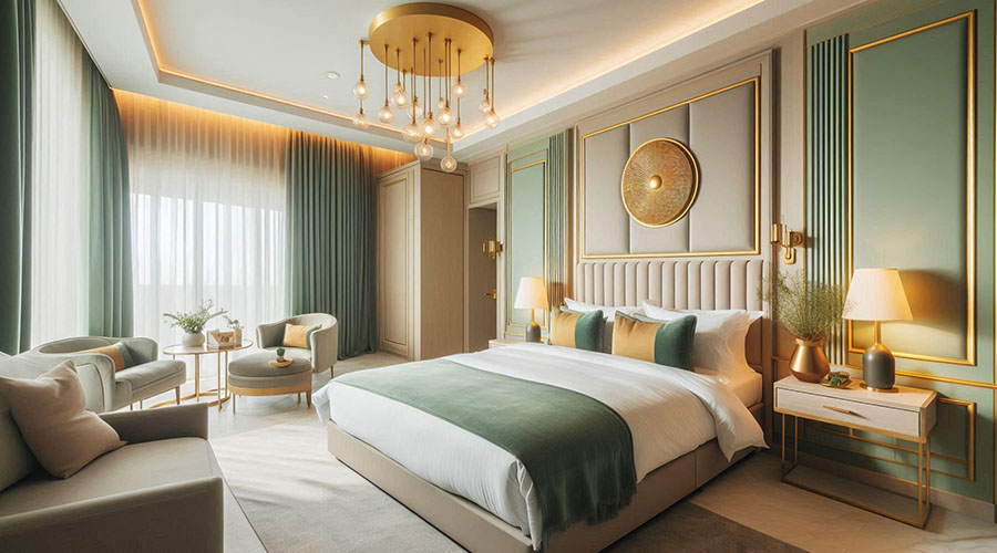 Luxurious light green bedroom with gold accents