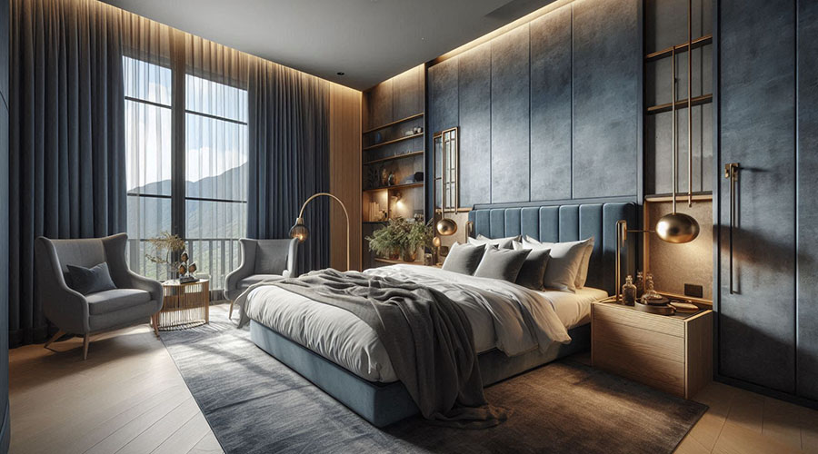 Modern smoky blue bedroom with gold accents