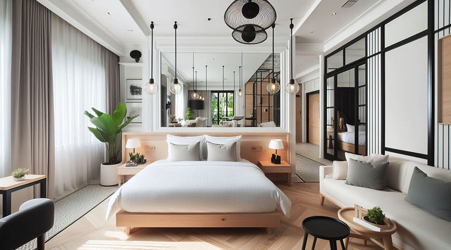 modern white bedroom with black accents