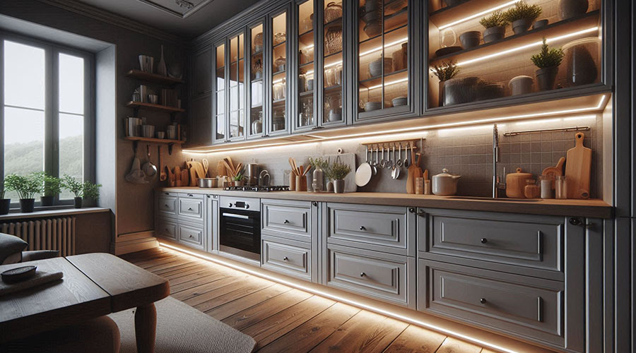 Traditional kitchen with glass-fronted cabinets and under-cabinet lighting