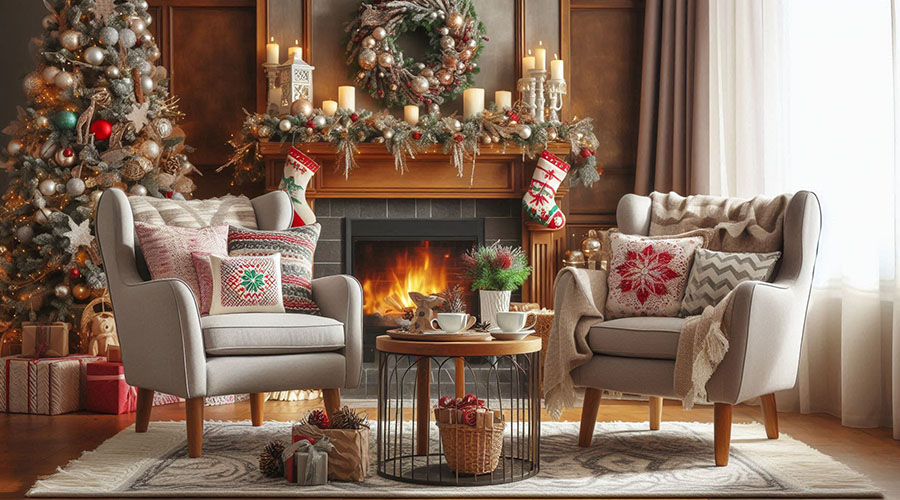 Cozy living room decorated for Christmas with a fireplace and chairs with festive throw pillows.