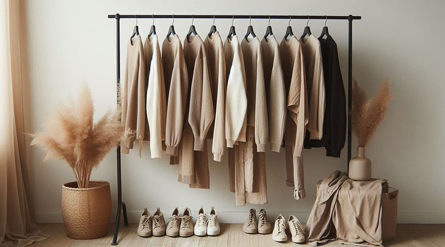 Neutral-toned clothing and shoes displayed on a rack and floor