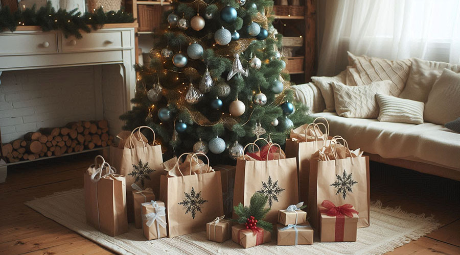 Christmas tree surrounded by eco-friendly gift bags