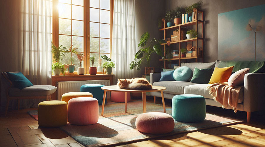 Modern living room with gray couch, colorful stools, and large window.