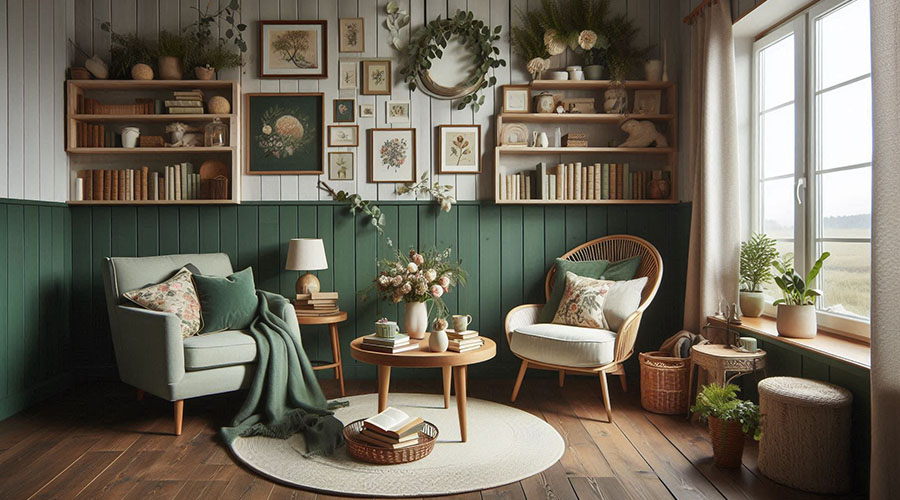 Cozy green reading nook with armchair, bookshelf, and plants.