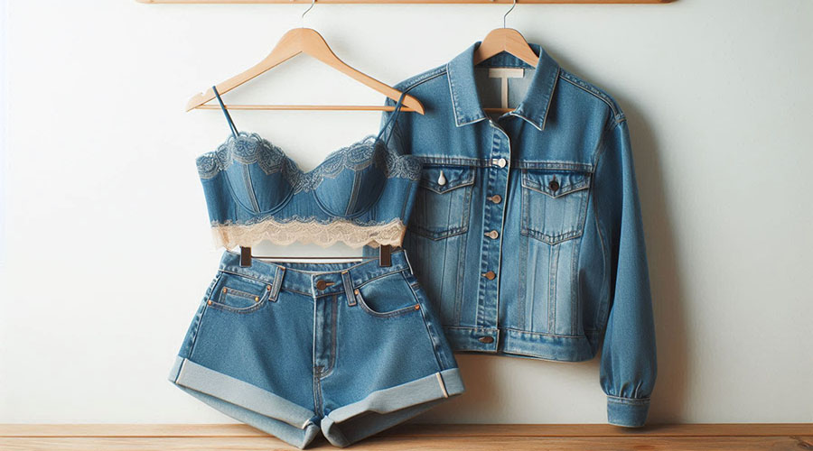 Blue denim shorts and jacket hanging on a hanger