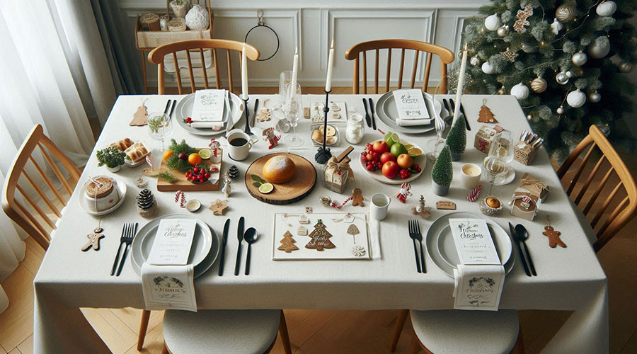 a dining table decorated for Christmas