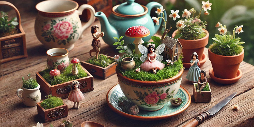 Enchanted fairy garden scene with miniature houses, fairies, and flowers in a teacup.