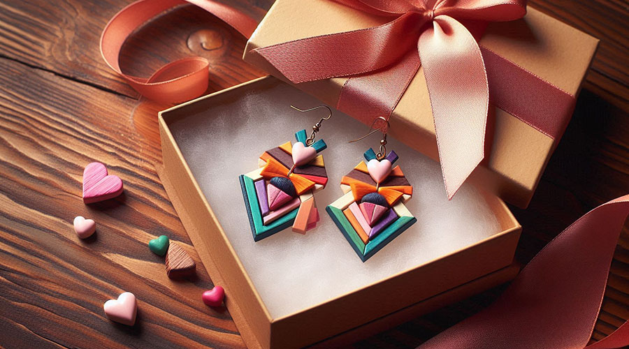 Colorful geometric earrings in a gift box with a pink ribbon