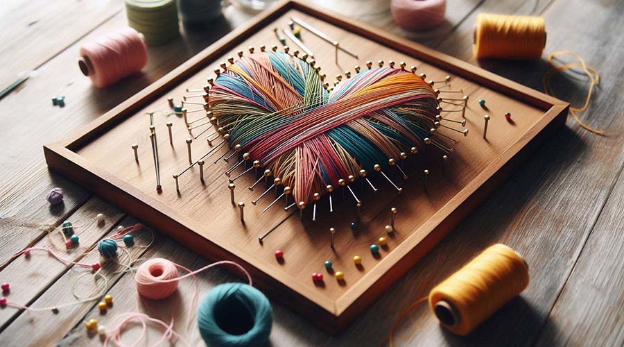 Colorful string art heart hanging in a wooden frame